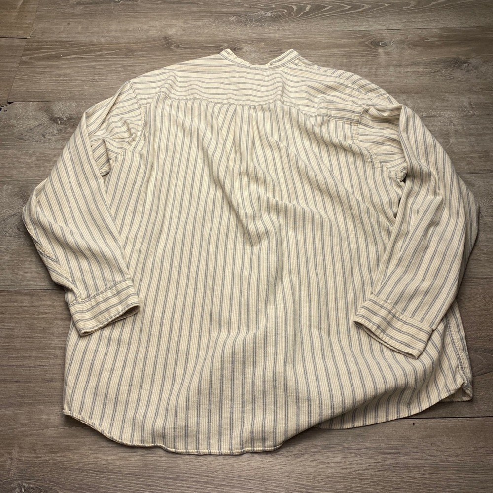 Britches Shirt Men L Beige Blue Striped Cotton Linen Band Collar USA Grandfather - Picture 4 of 8
